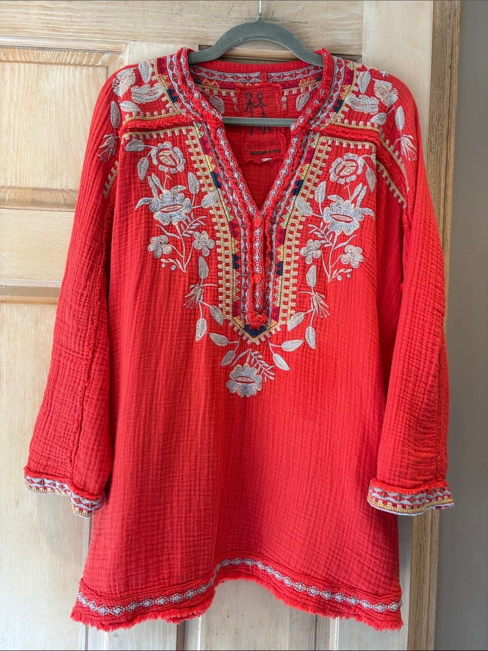 Johnny Was Red Embroidered Floral Top XL